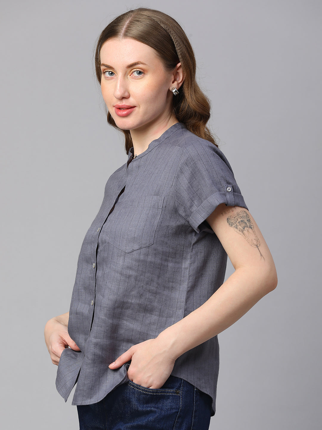 Women's Grey Linen Slim Fit Blouse