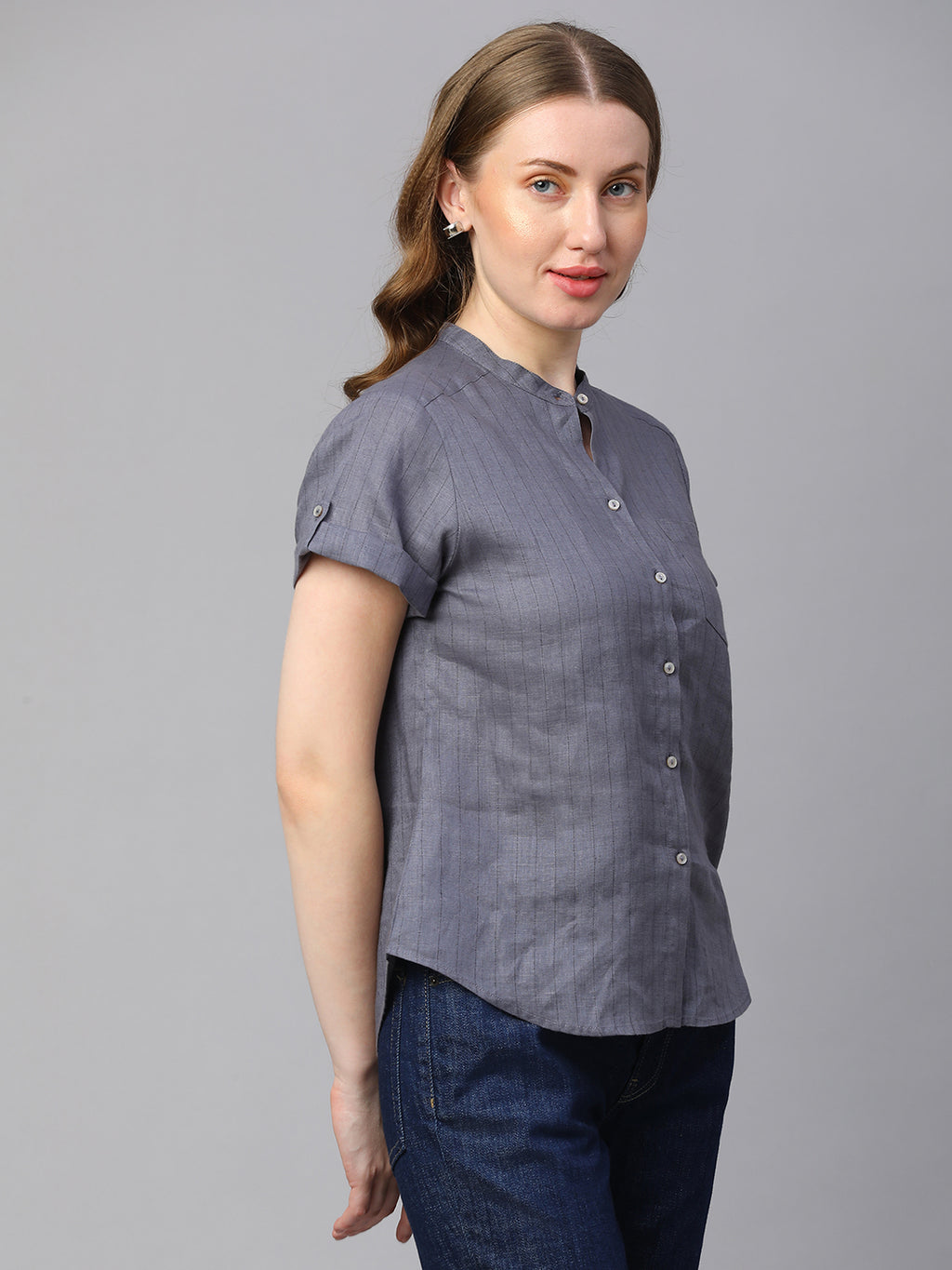 Women's Grey Linen Slim Fit Blouse