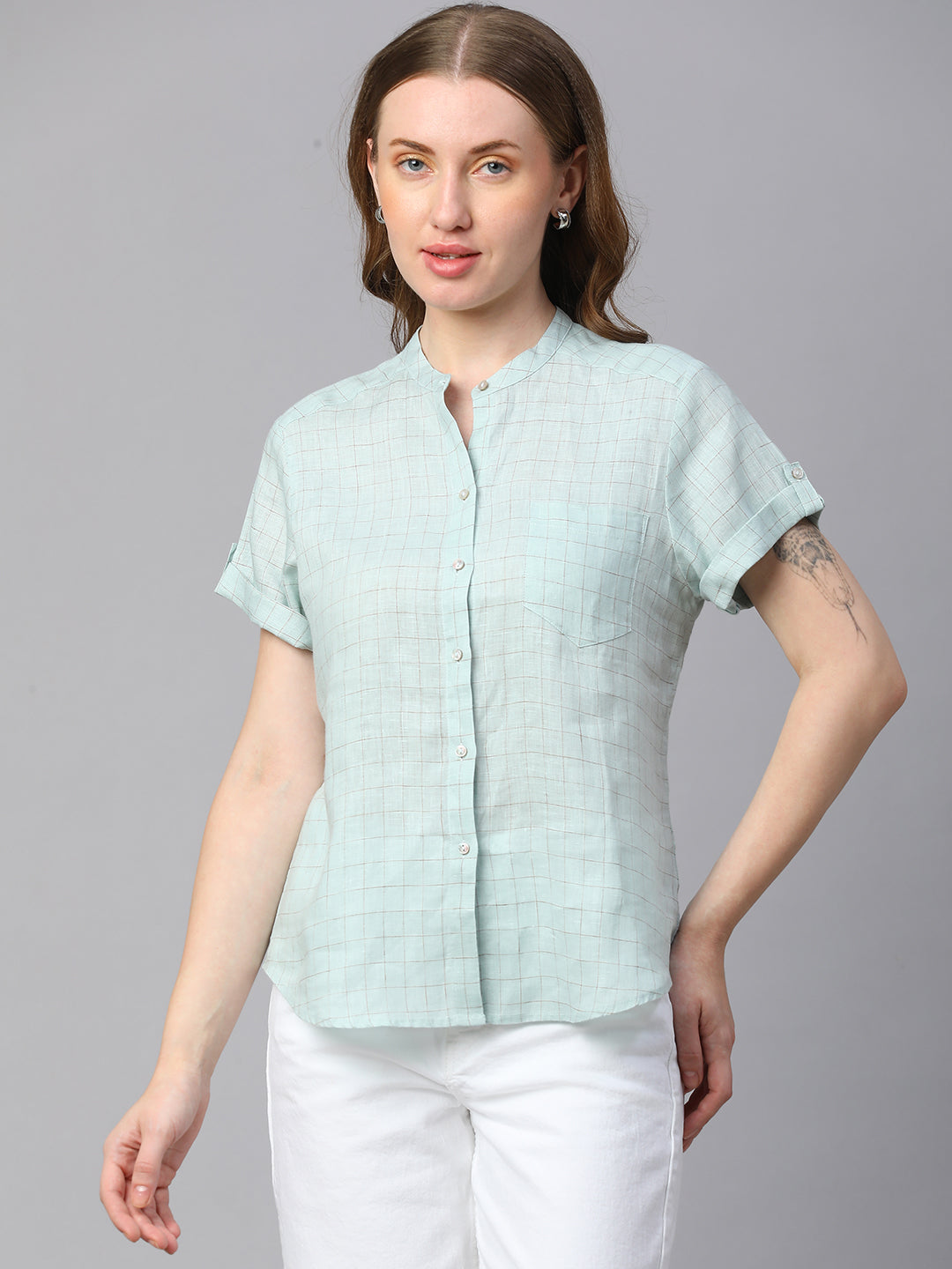 Women's Blue Linen Slim Fit Blouse