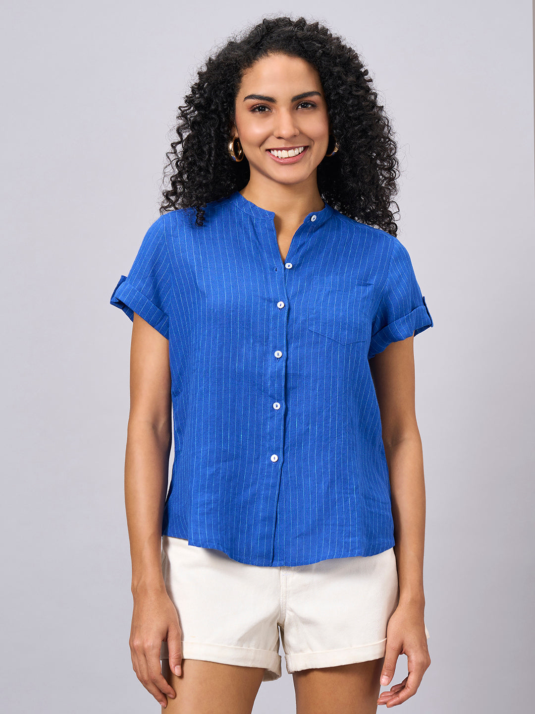 Women's Blue 100% Linen Regular Fit Blouse