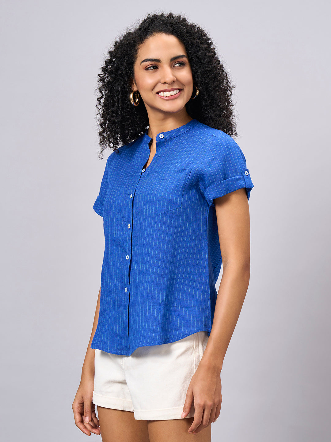 Women's Blue 100% Linen Regular Fit Blouse