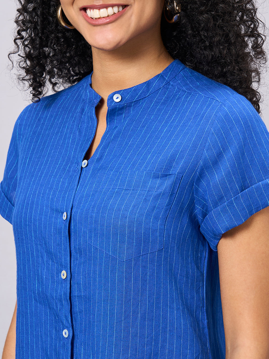 Women's Blue 100% Linen Regular Fit Blouse