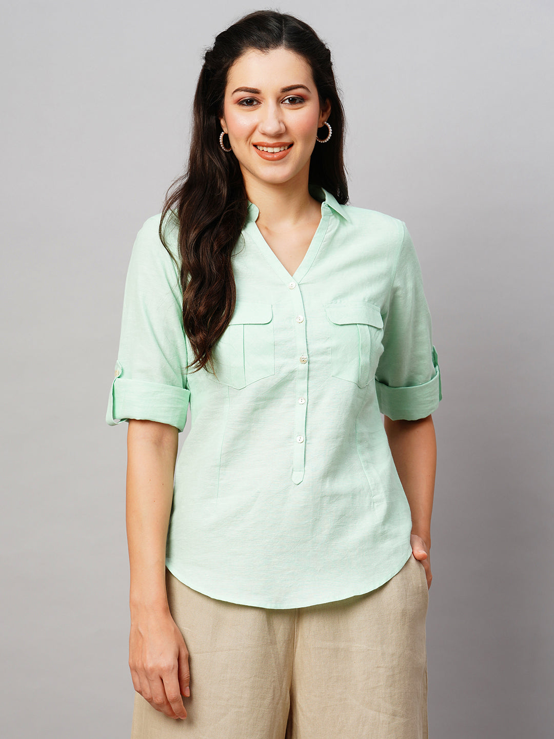 Women's Linen Cotton Light Green Regular Fit Blouse