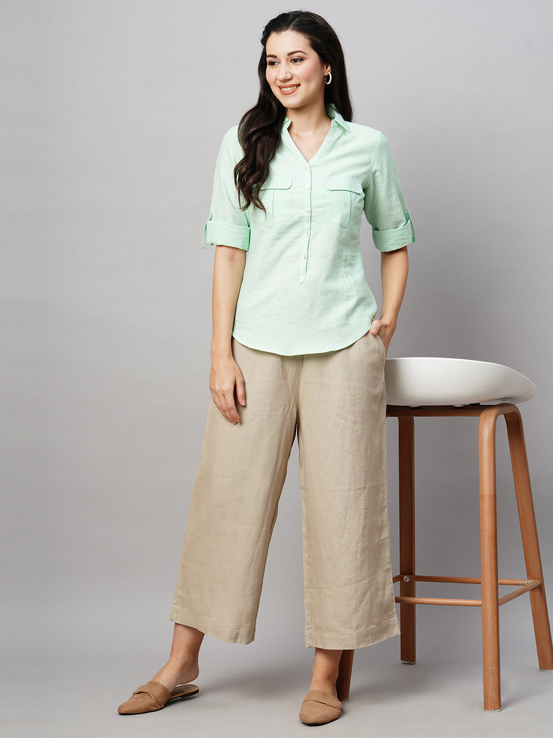Women's Linen Cotton Light Green Regular Fit Blouse