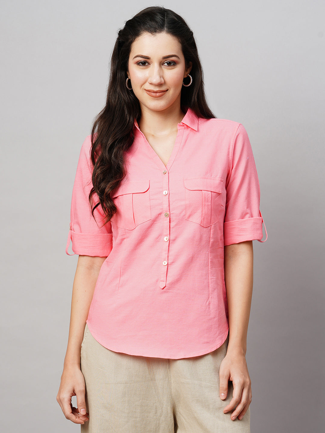 Women's Pink Linen Cotton Regular Fit Blouse