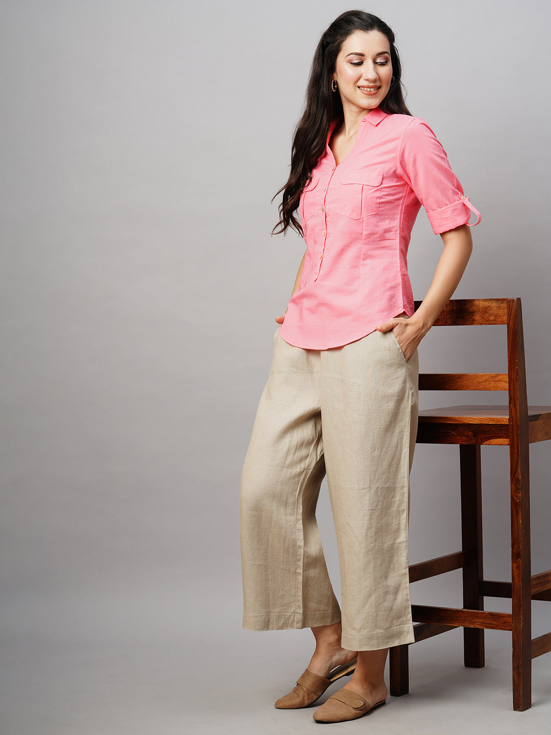 Women's Pink Linen Cotton Regular Fit Blouse