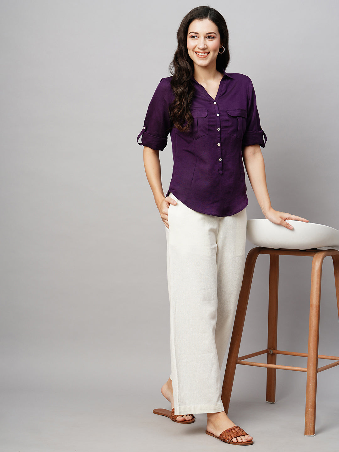 Women's Linen Cotton Purple Regular Fit Blouse
