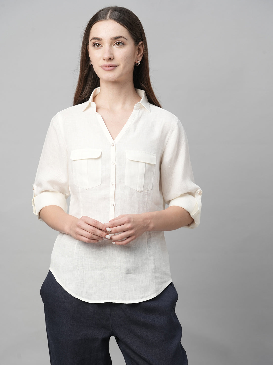 Women's White A Linen Regular Fit Blouse