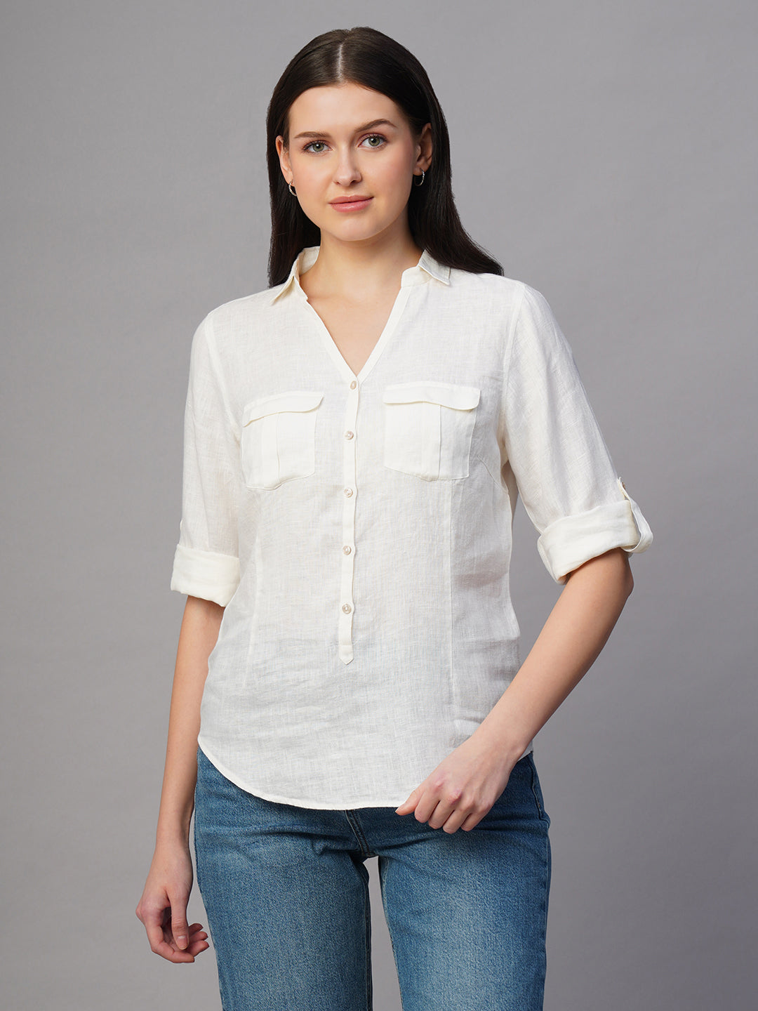 Women's White 100% Linen Regular Fit Blouse