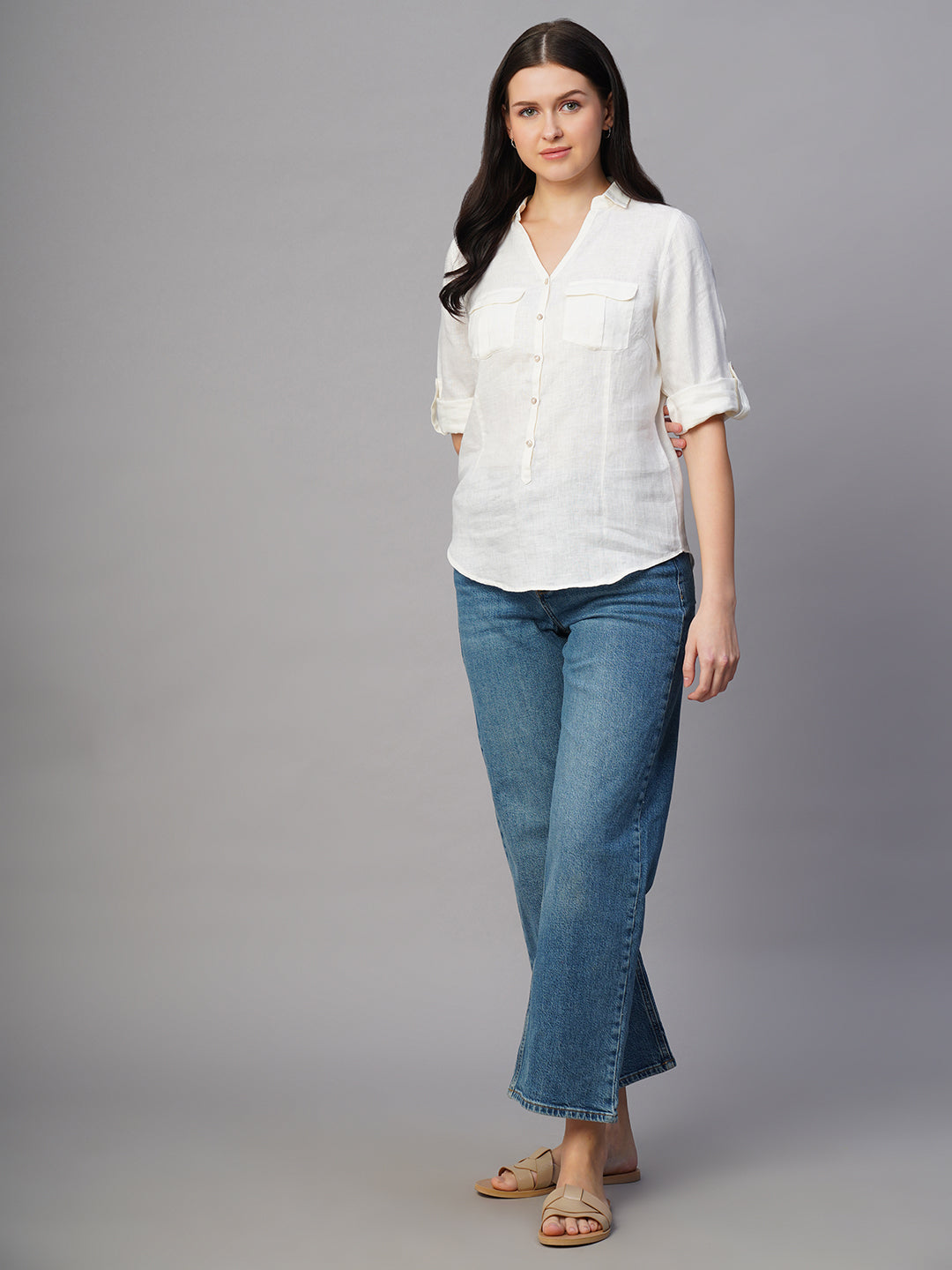 Women's White 100% Linen Regular Fit Blouse