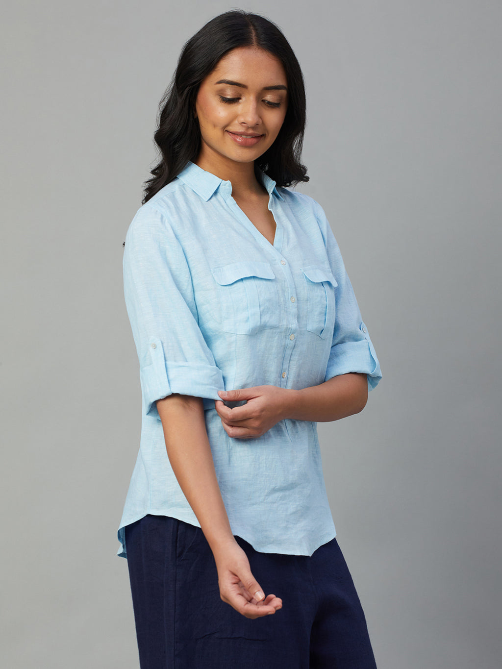 Women's Blue 100% Linen Slim Fit Blouse