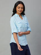 Women's Blue 100% Linen Slim Fit Blouse