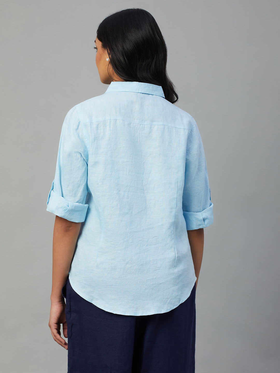 Women's Blue 100% Linen Slim Fit Blouse
