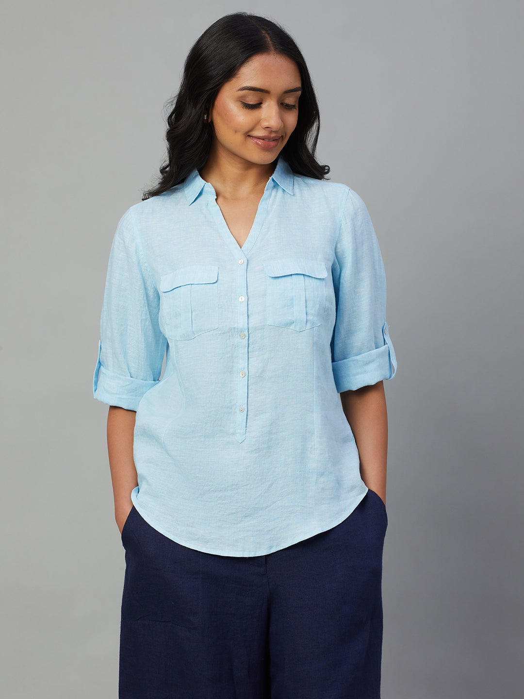 Women's Blue 100% Linen Slim Fit Blouse