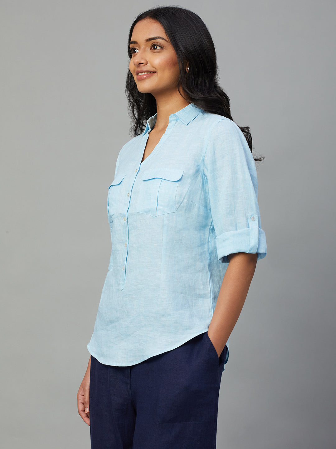 Women's Blue 100% Linen Slim Fit Blouse