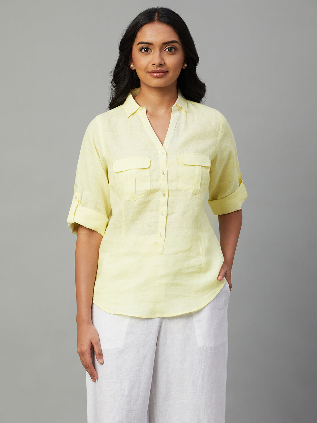 Women's Yellow 100% Linen Slim Fit Blouse