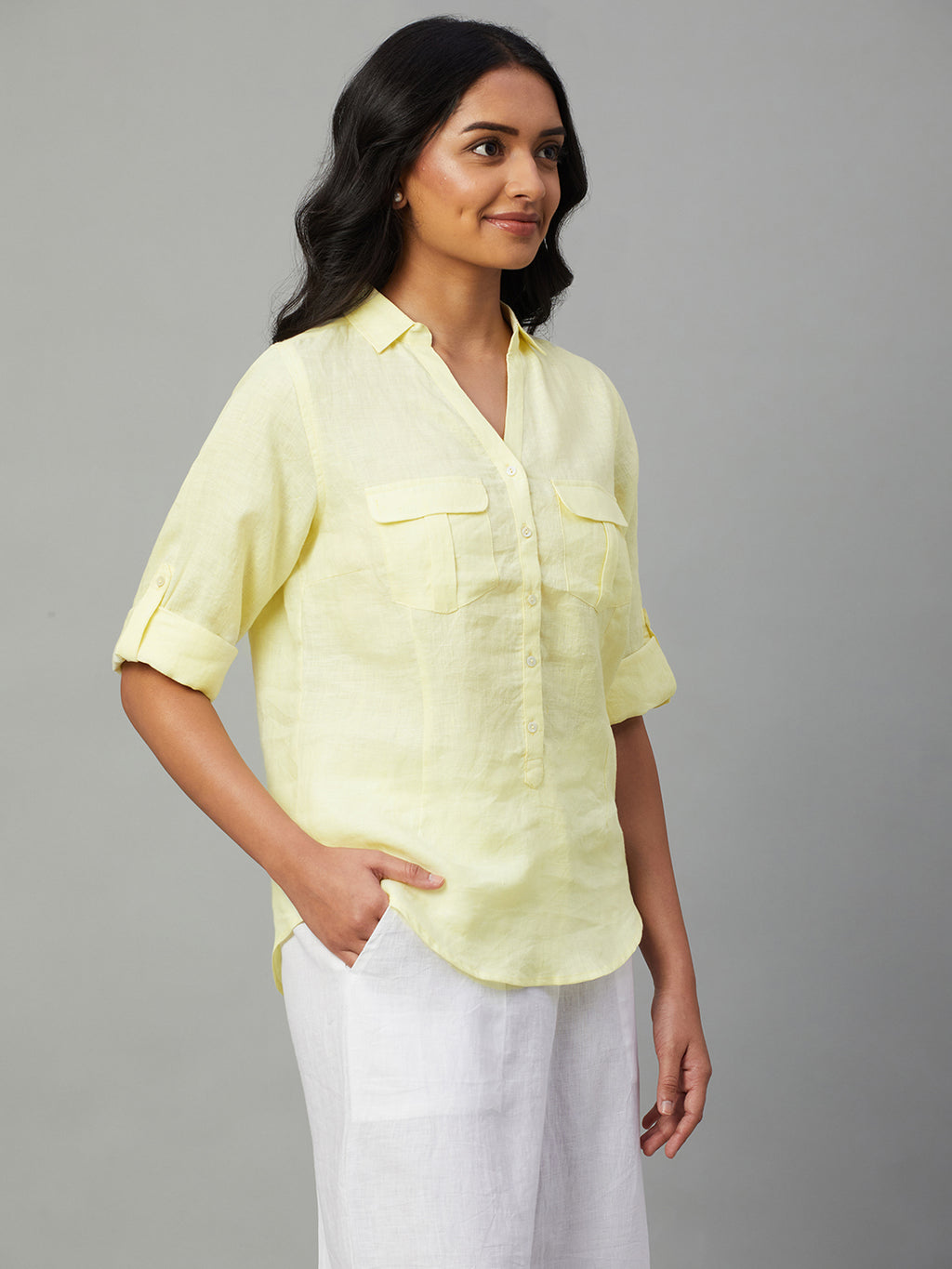 Women's Yellow 100% Linen Slim Fit Blouse