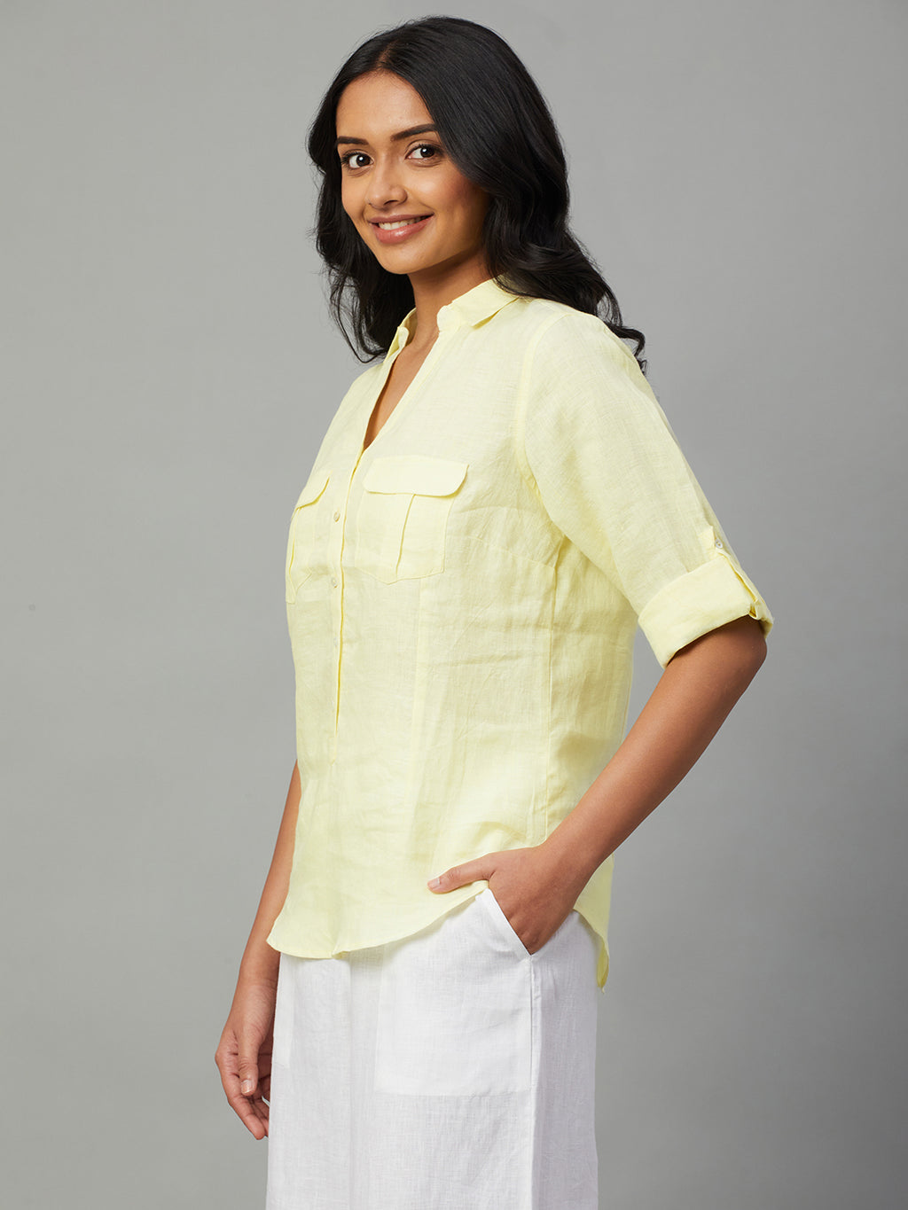 Women's Yellow 100% Linen Slim Fit Blouse