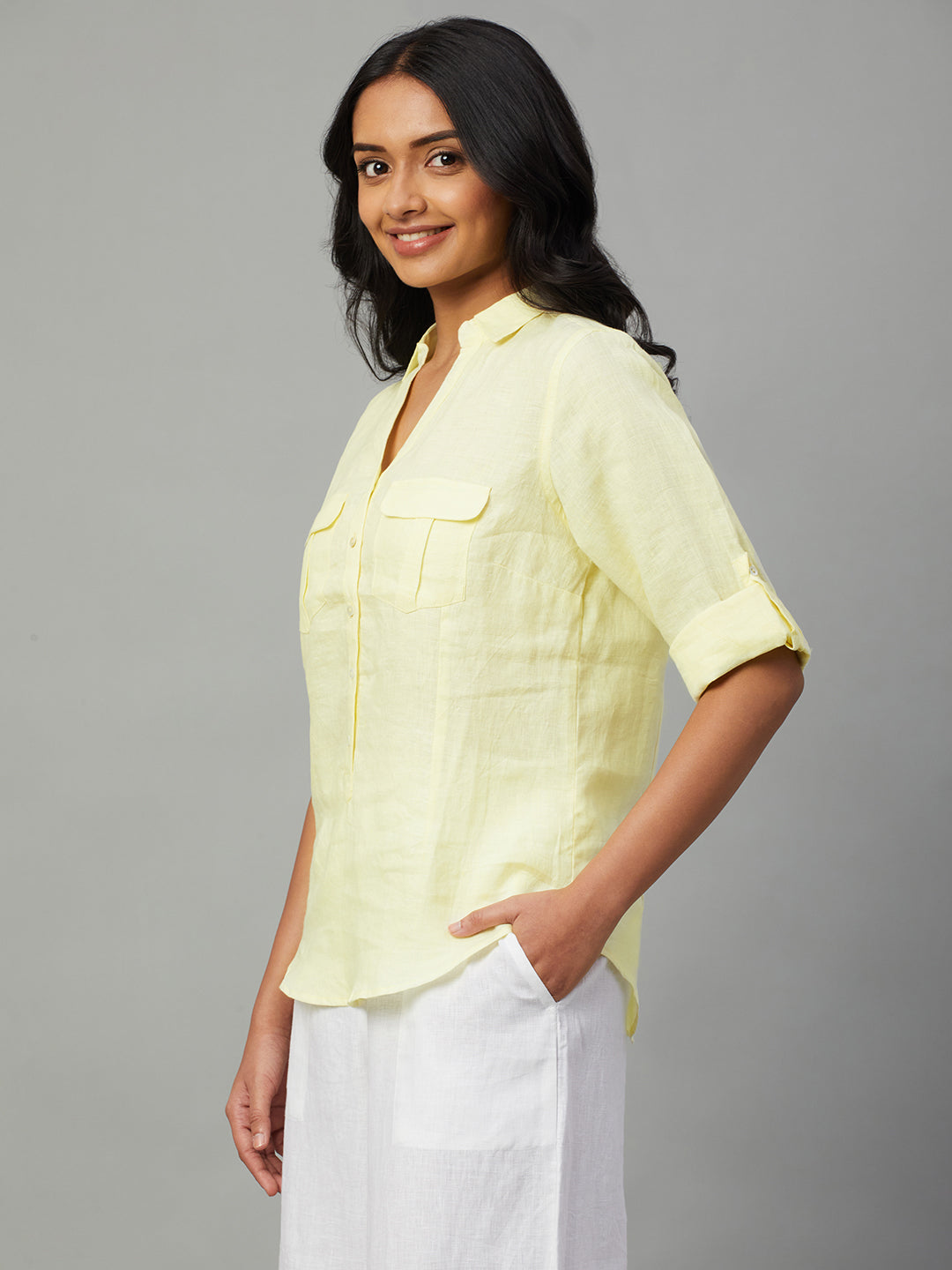 Women's Yellow 100% Linen Slim Fit Blouse