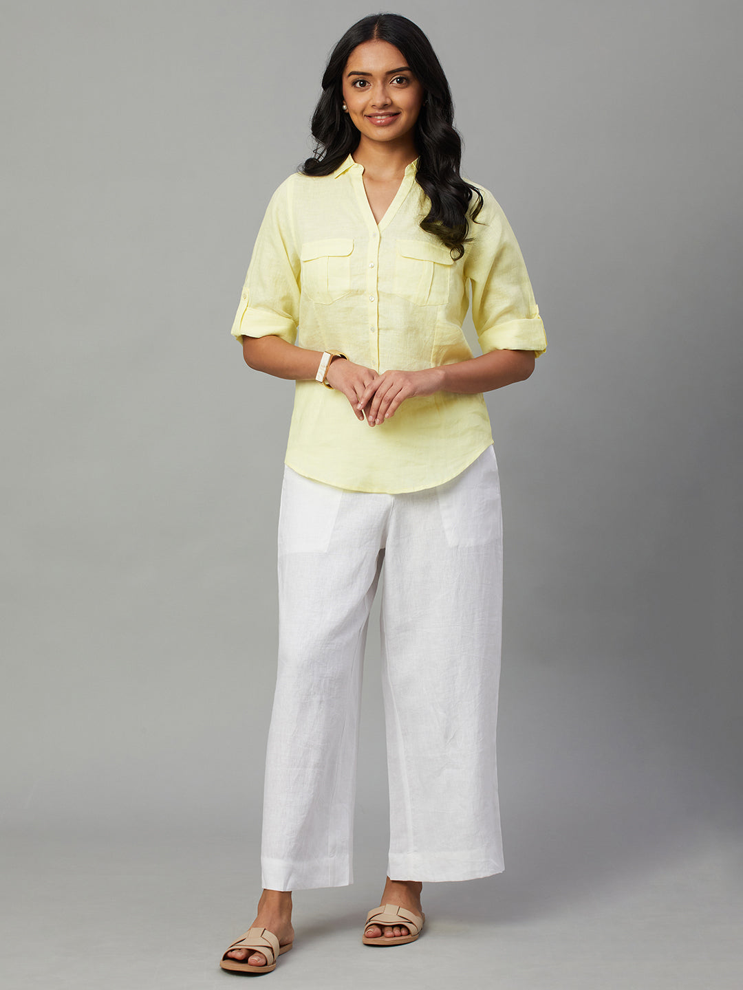 Women's Yellow 100% Linen Slim Fit Blouse