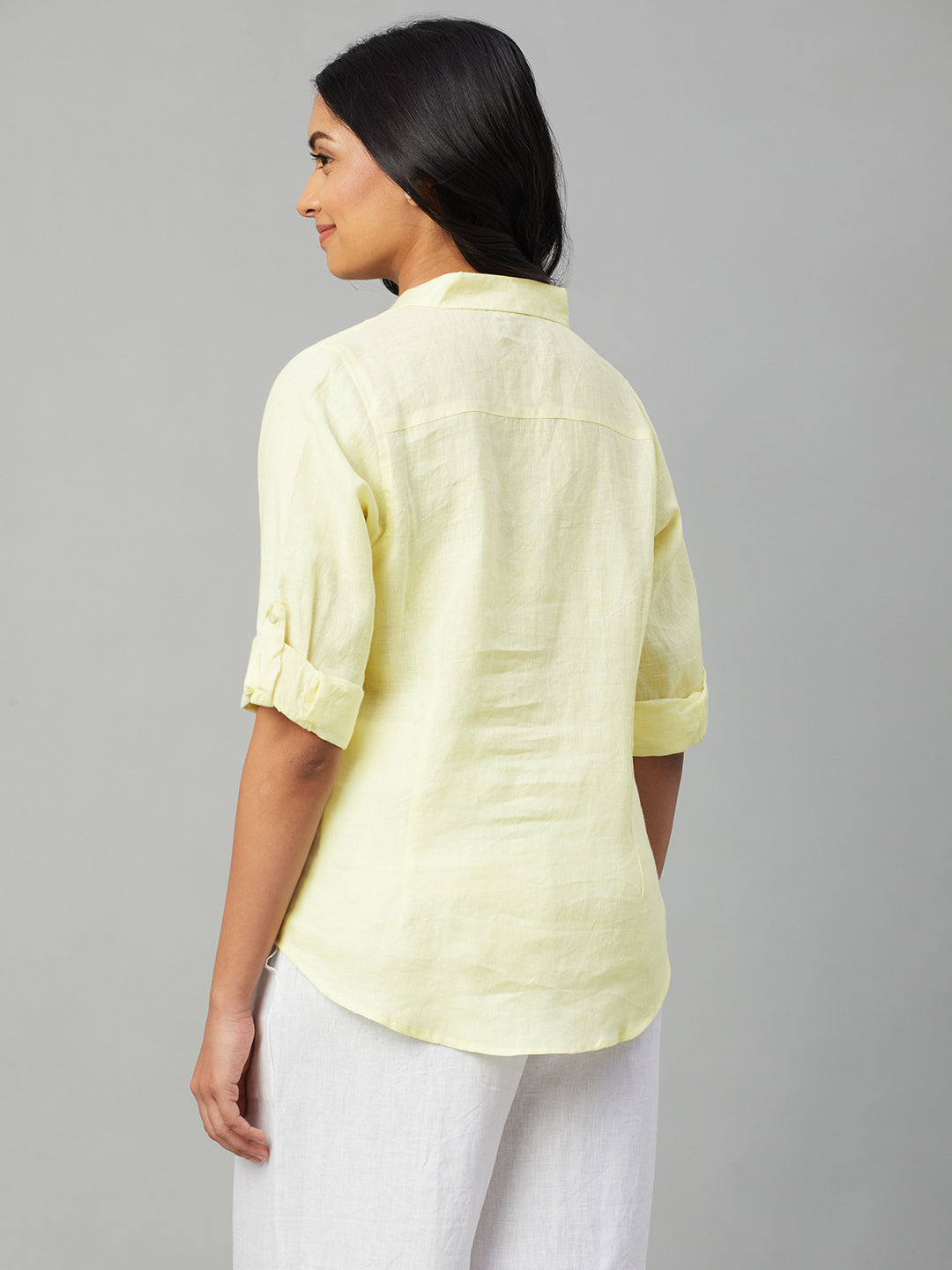 Women's Yellow 100% Linen Slim Fit Blouse