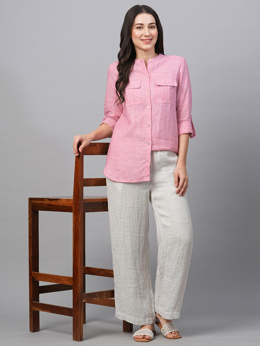 Women's Pink Linen Excel Regular Fit Blouse