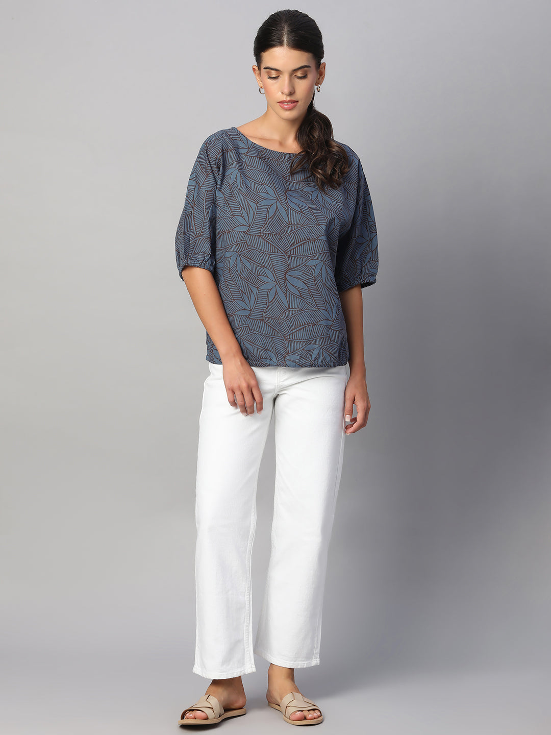 Women's Blue Cotton Flax Regular Fit Blouse