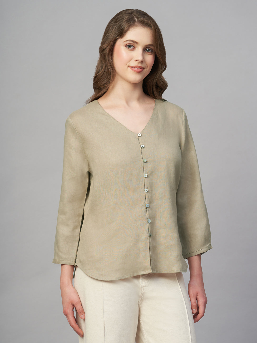 Women's Khaki 100% Linen Regular Fit Blouse