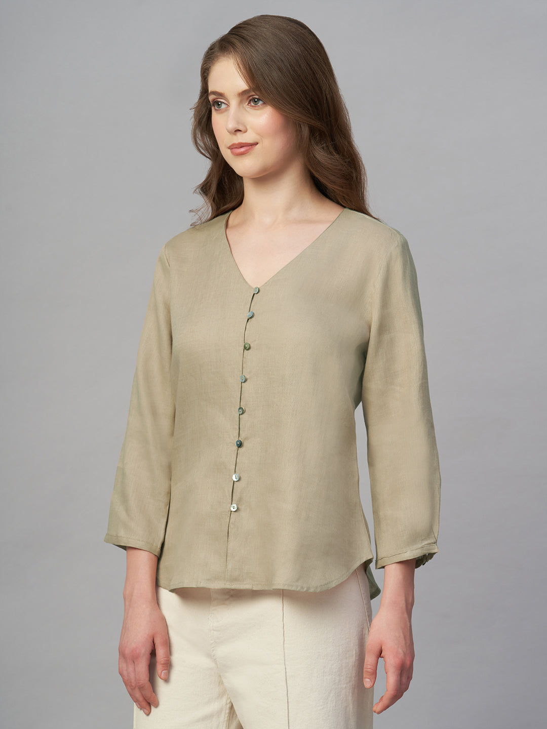 Women's Khaki 100% Linen Regular Fit Blouse