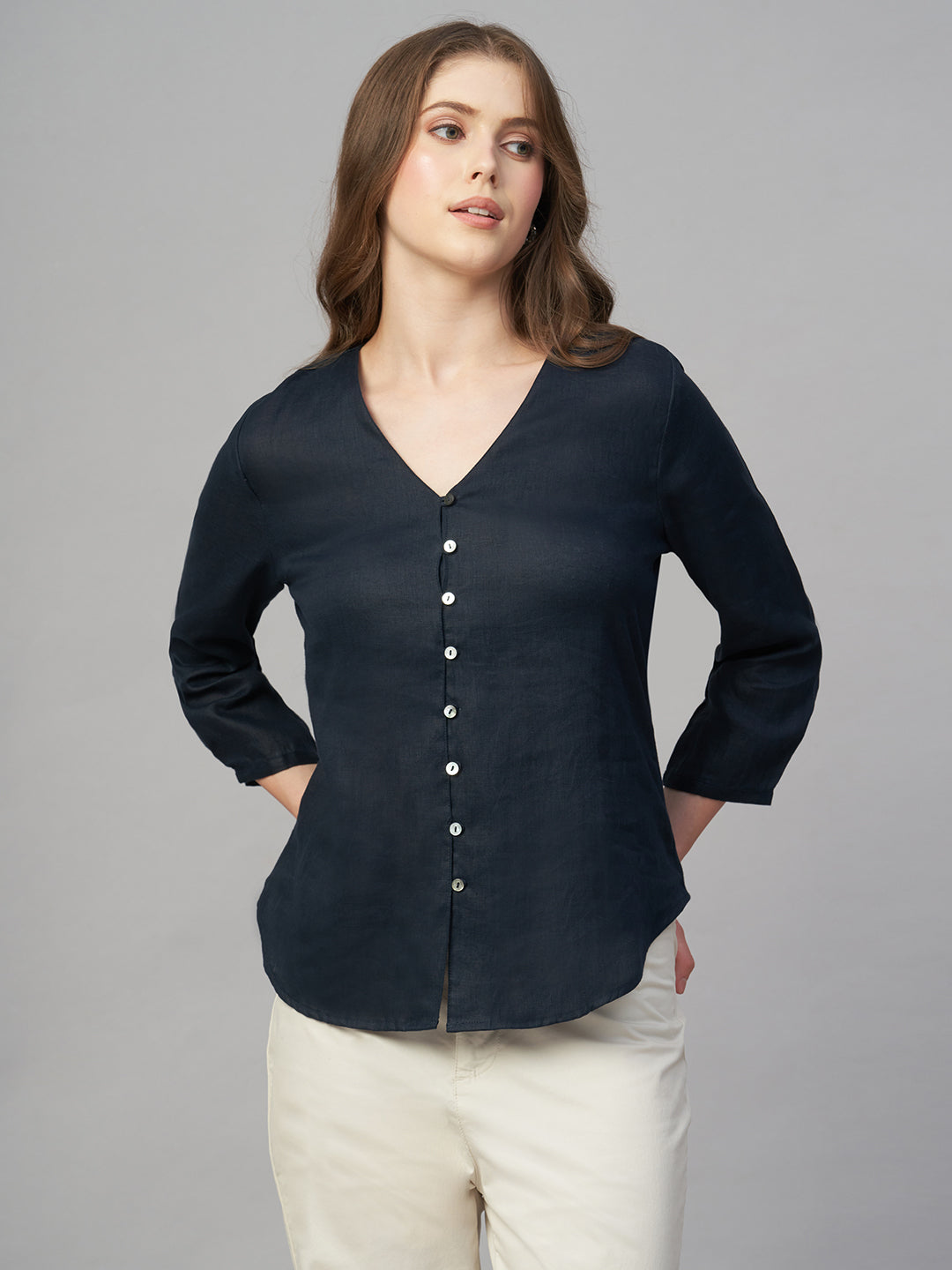 Women's Navy 100% Linen Regular Fit Blouse