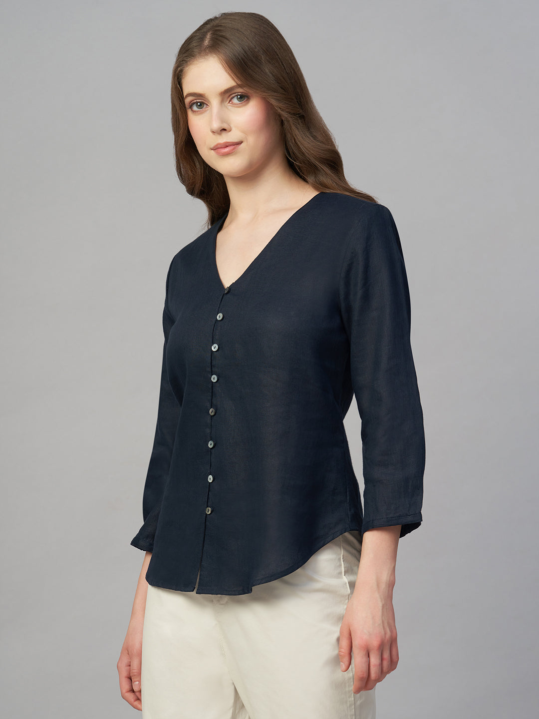 Women's Navy 100% Linen Regular Fit Blouse