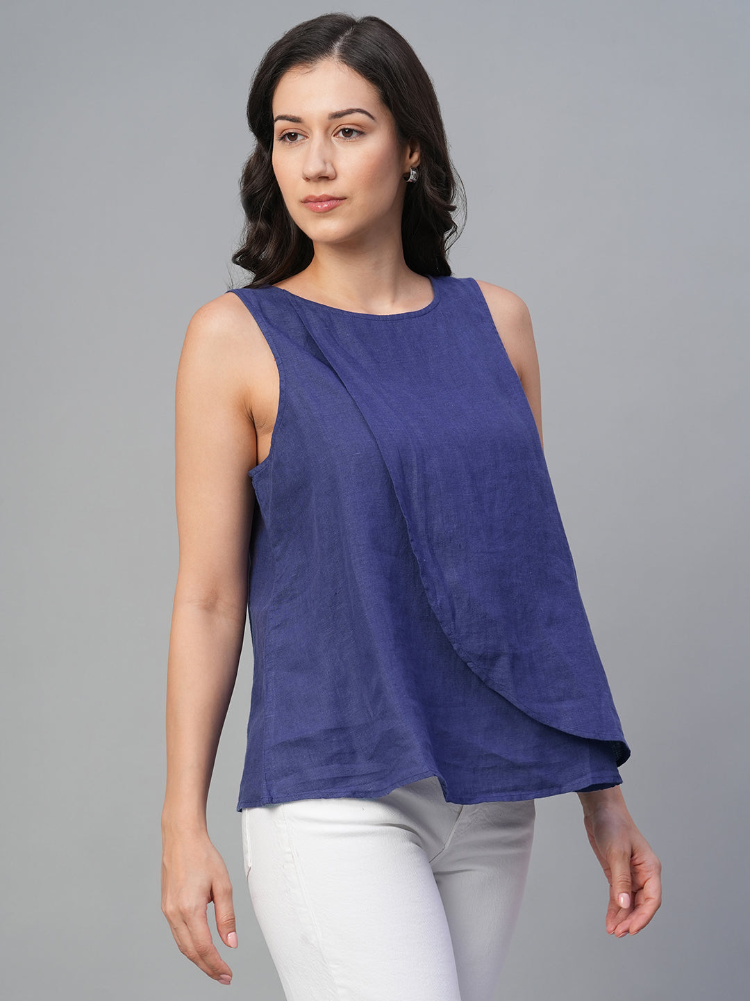 Women's Navy 100% Linen Regular Fit Blouse