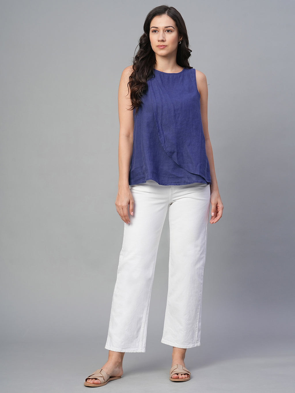 Women's Navy 100% Linen Regular Fit Blouse