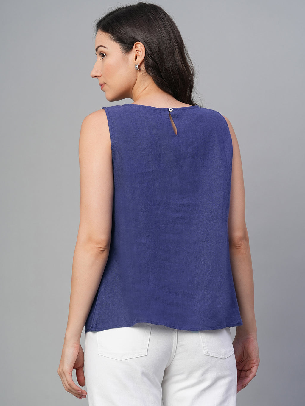 Women's Navy 100% Linen Regular Fit Blouse