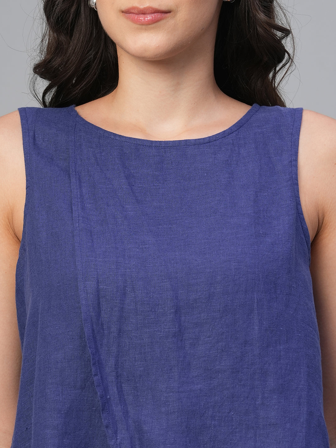 Women's Navy 100% Linen Regular Fit Blouse