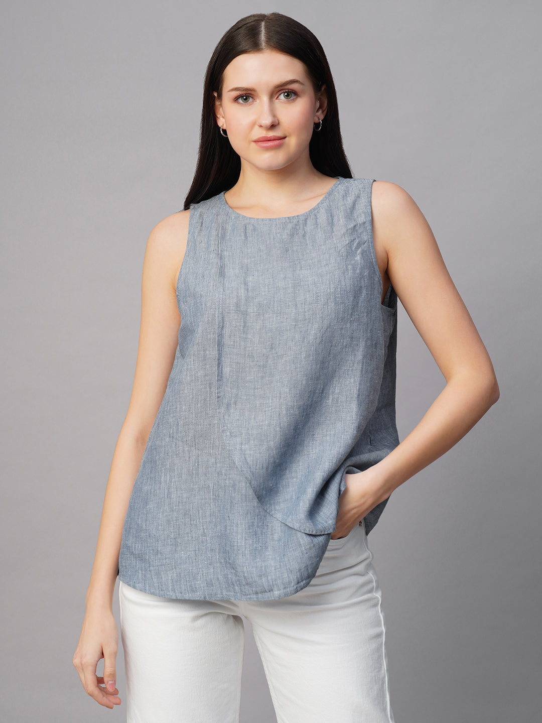 Women's Blue 100% Linen Regular Fit Blouse