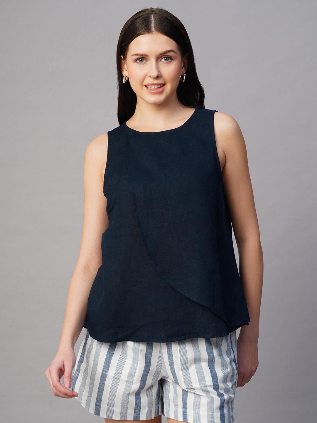 Women's Navy 100% Linen Regular Fit Blouse