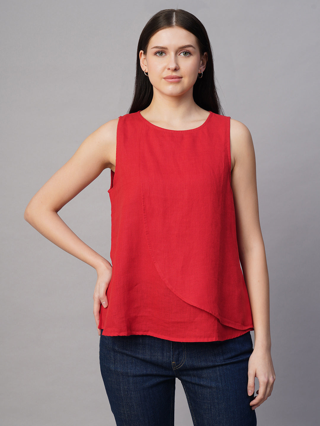 Women's Red 100% Linen Regular Fit Blouse