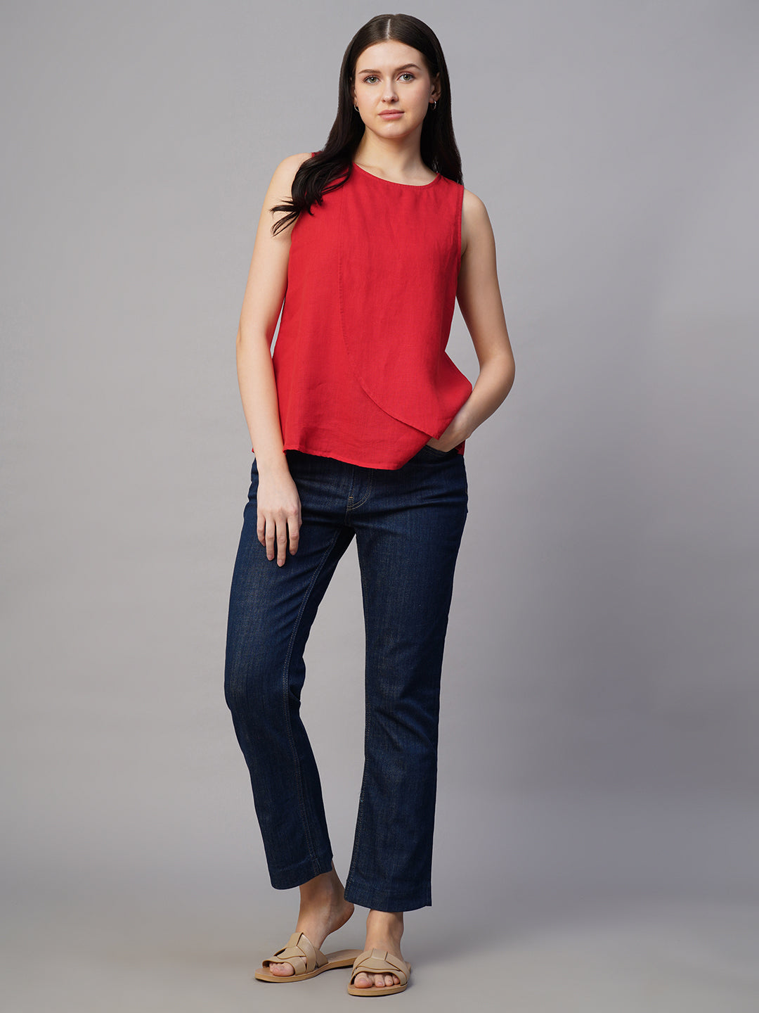 Women's Red 100% Linen Regular Fit Blouse