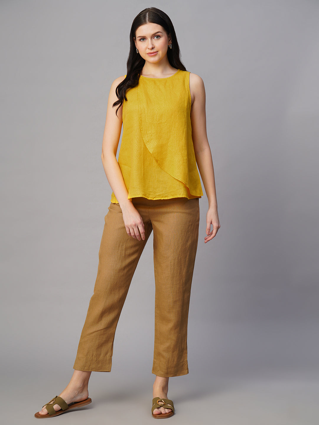 Women's Yellow 100% Linen Regular Fit Blouse