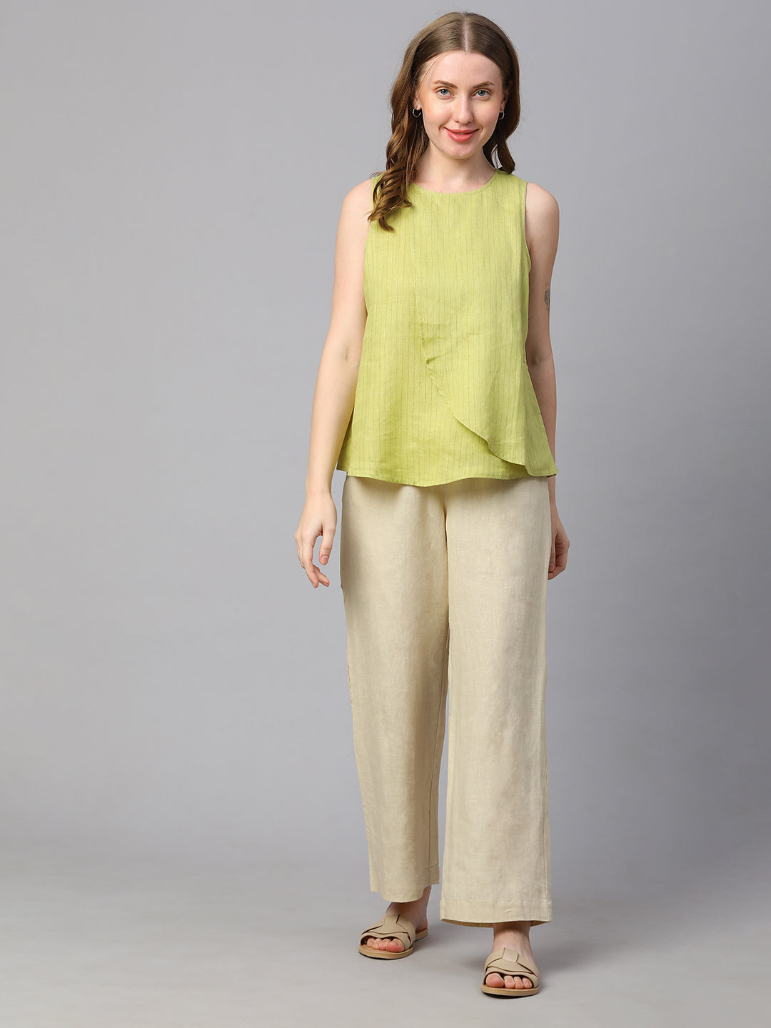 Women's Lime Linen Regular Fit Blouse