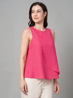 Women's Pink 100% Linen Regular Fit Blouse