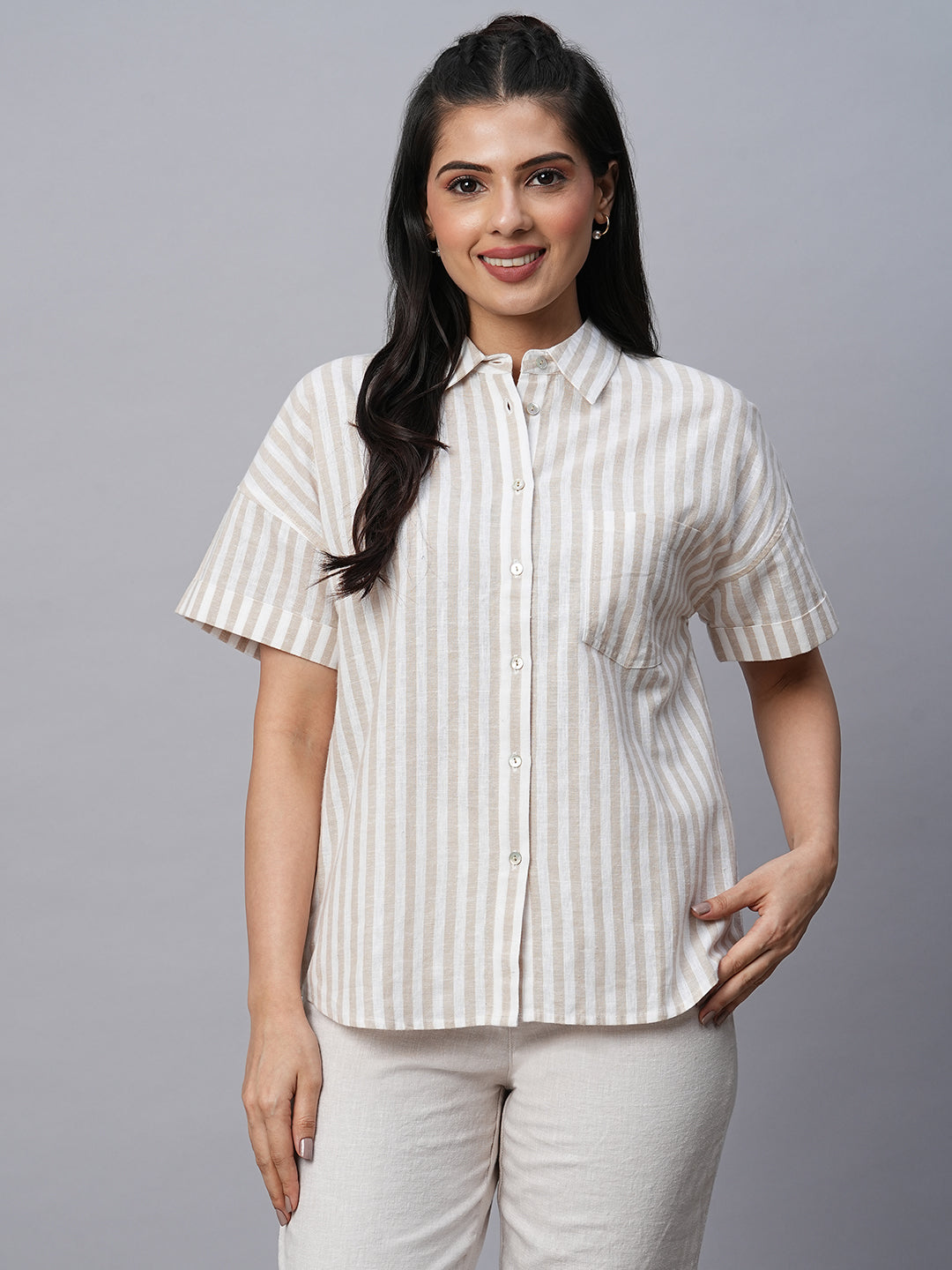 Women's Linen Cotton Khaki Regular Fit Blouse