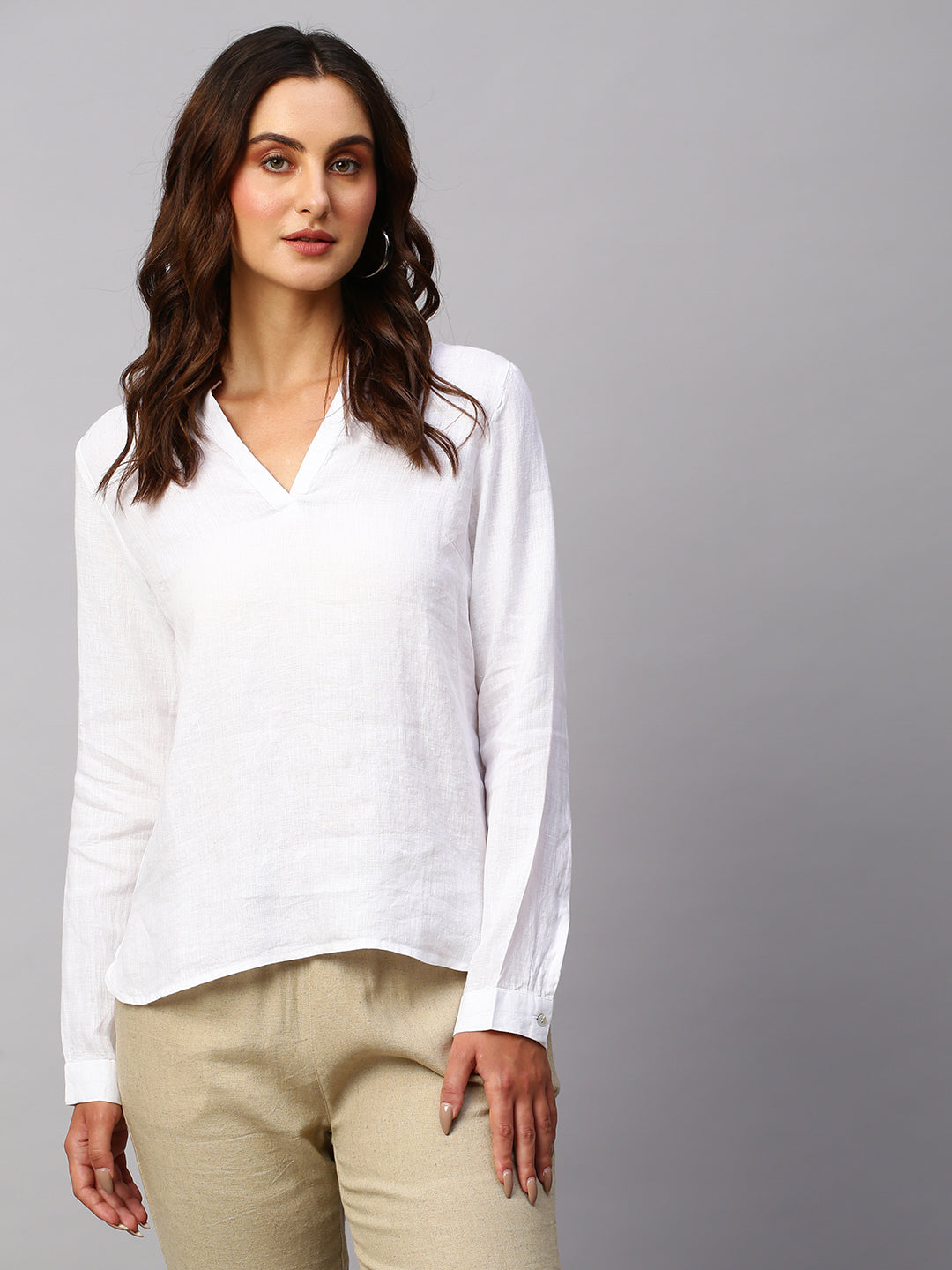 Women's White Cotton Linen Regular Fit Blouse