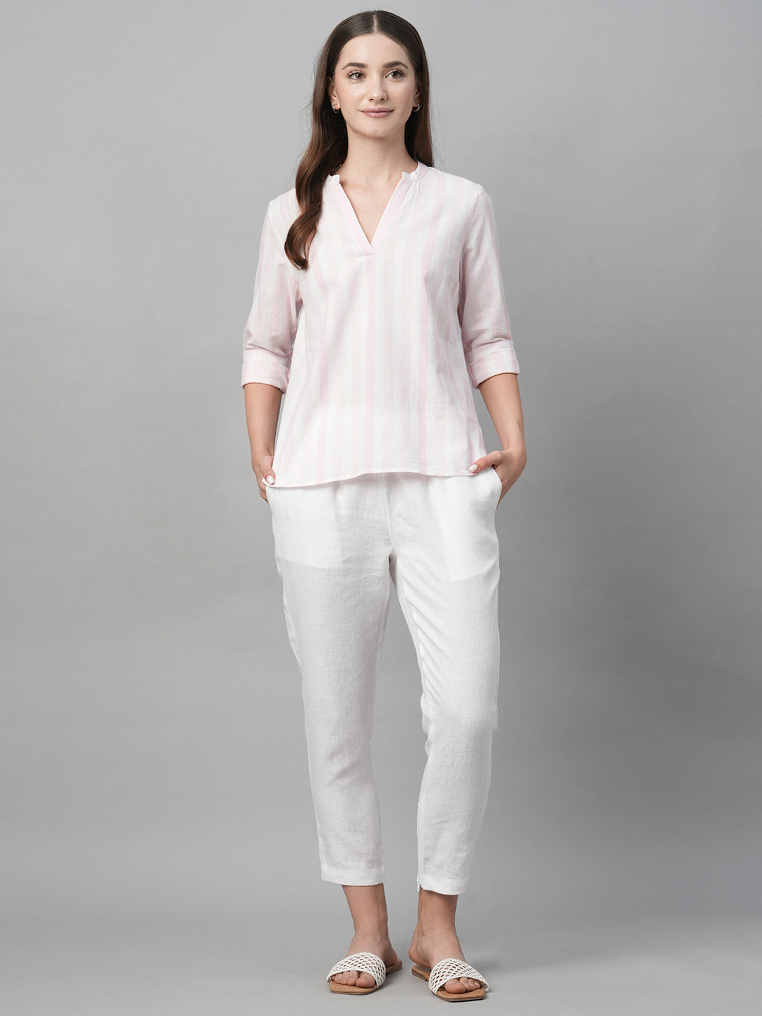 Women's Pink Cotton Linen Regular Fit Blouse