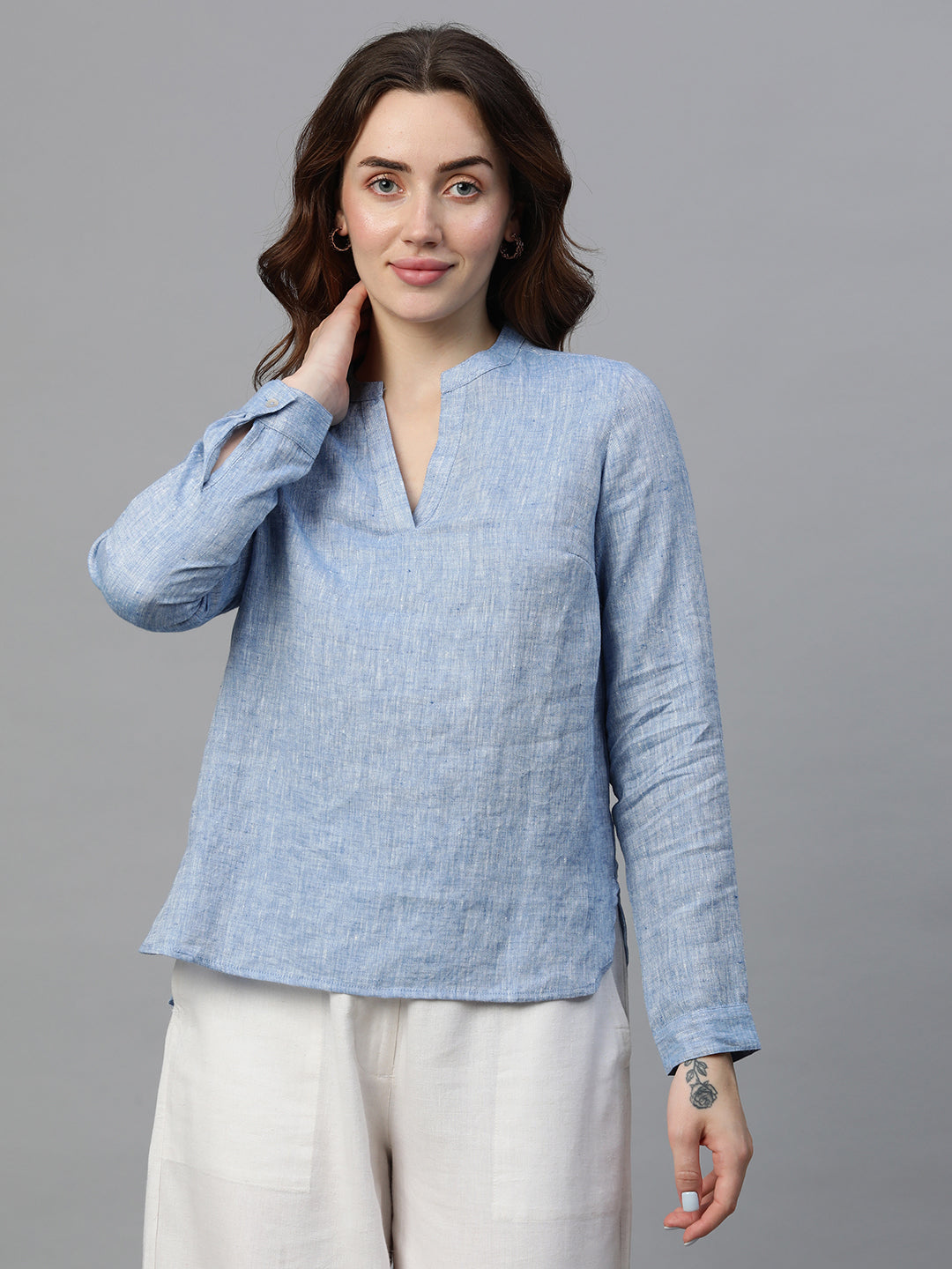 Women's Navy Linen Regular Fit Blouse