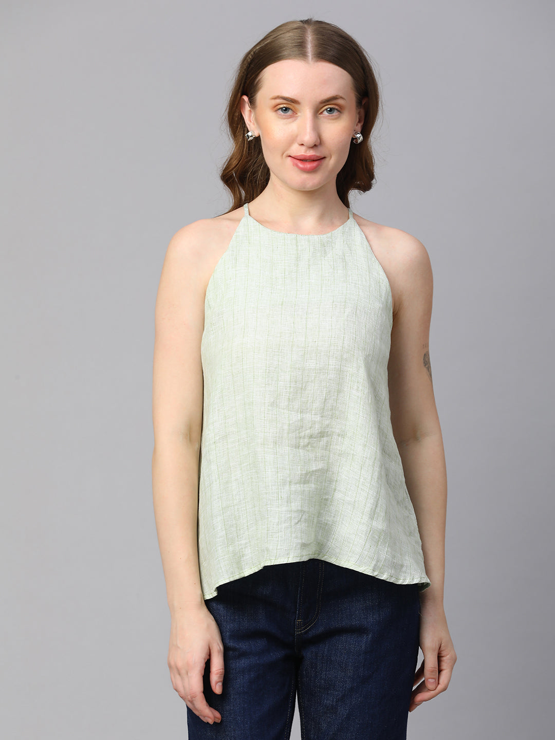 Women's Lime Linen Regular Fit Blouse