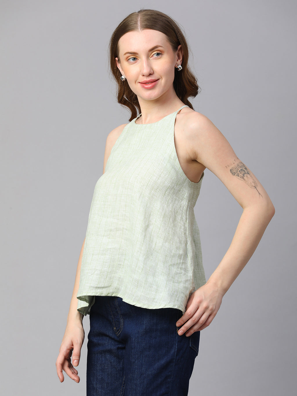 Women's Lime Linen Regular Fit Blouse