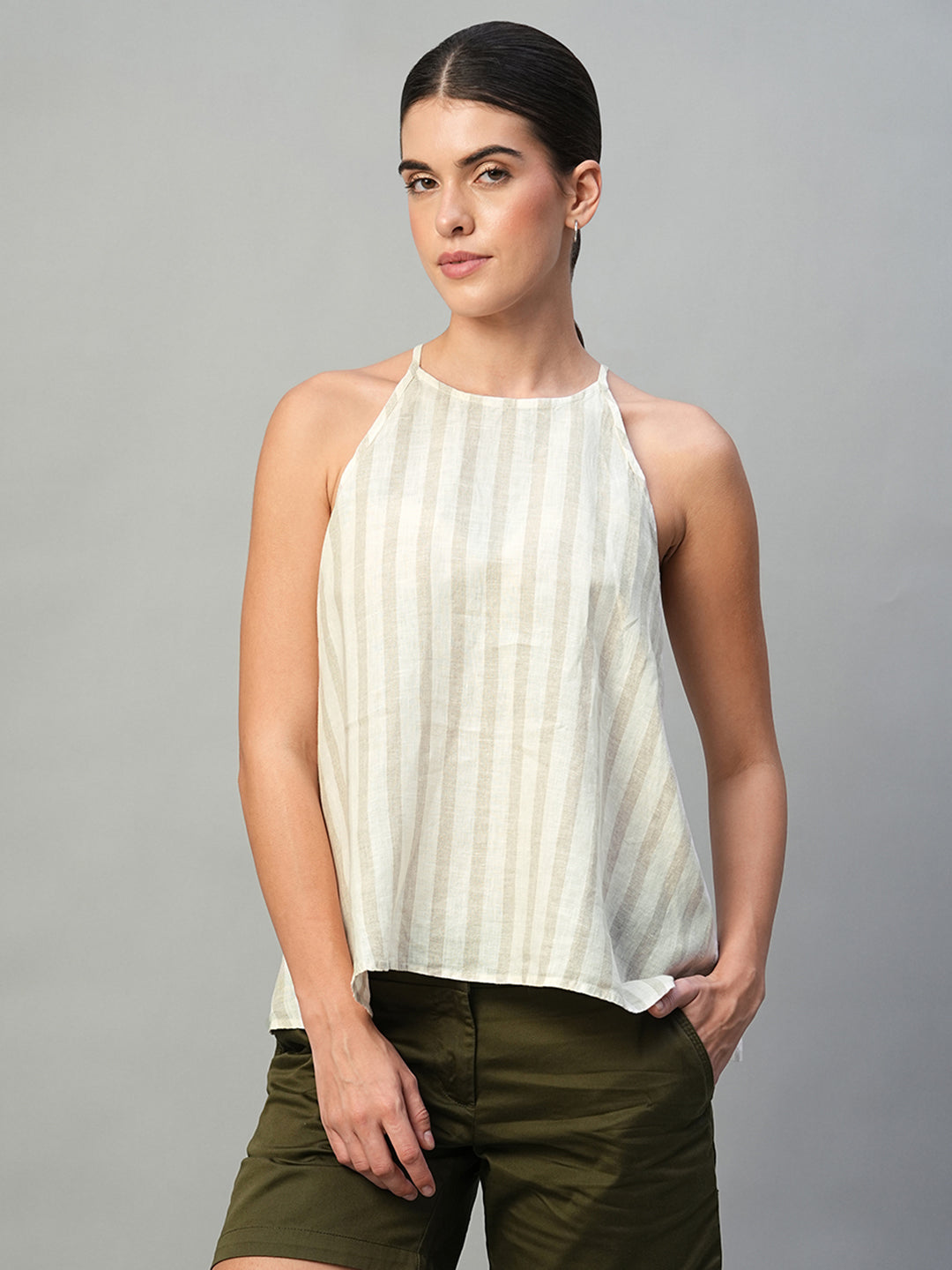 Women's Beige 100% Linen Regular Fit Blouse