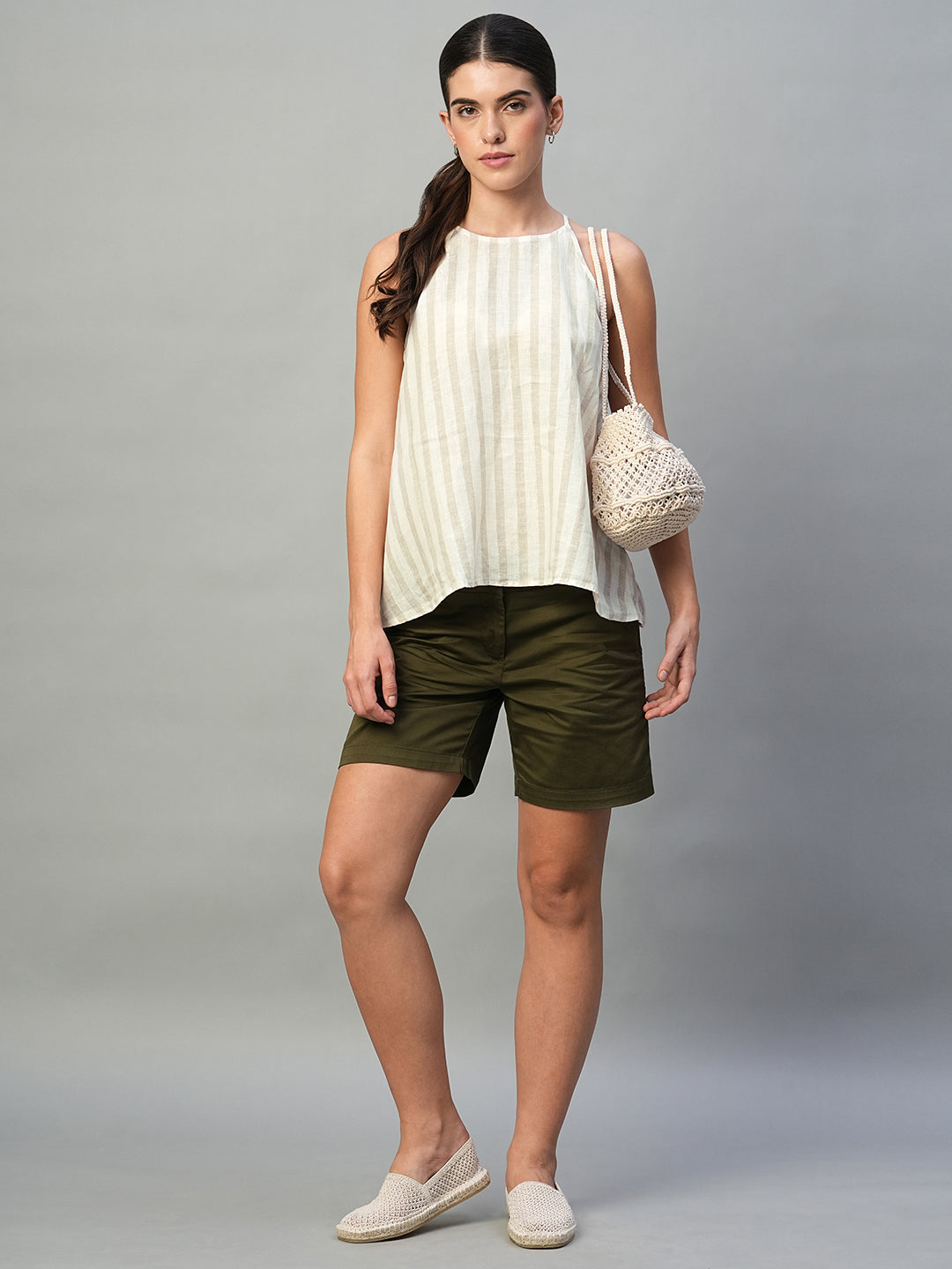 Women's Beige 100% Linen Regular Fit Blouse